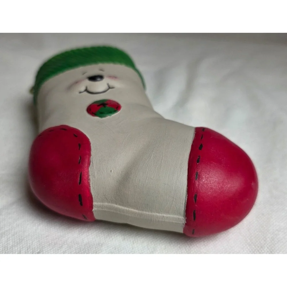Vintage 2000 Handmade Ceramic Christmas Stocking Ornament Whimsical Grey Red
